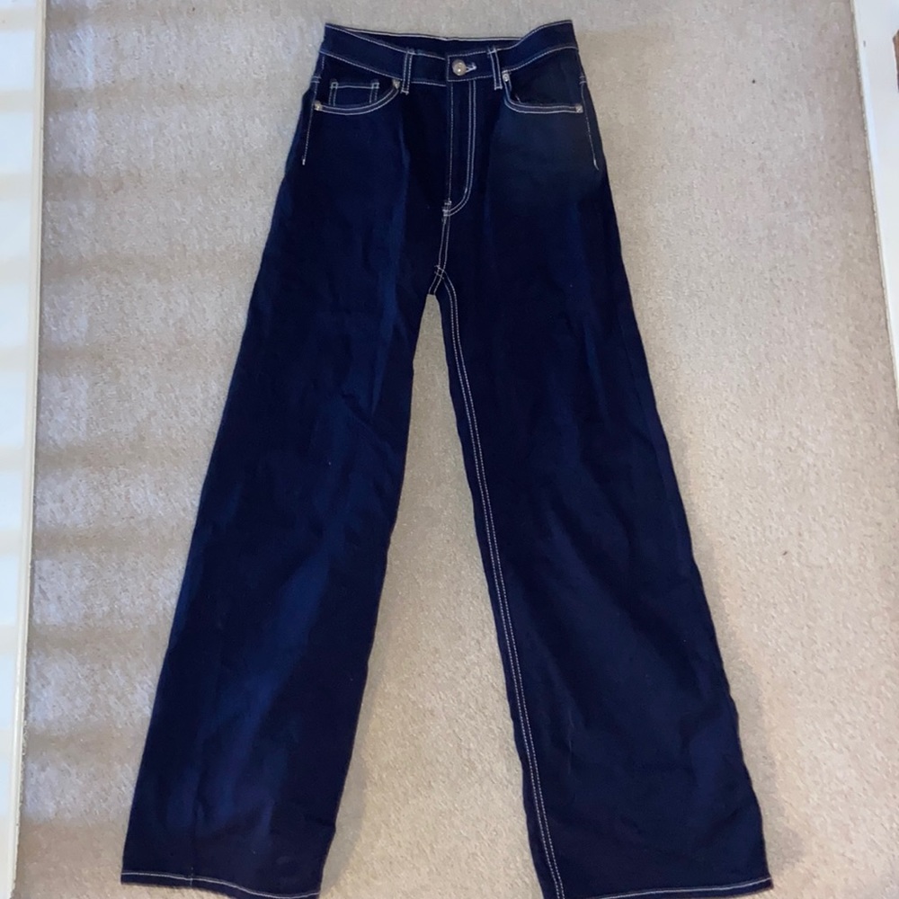 navy wide leg pants